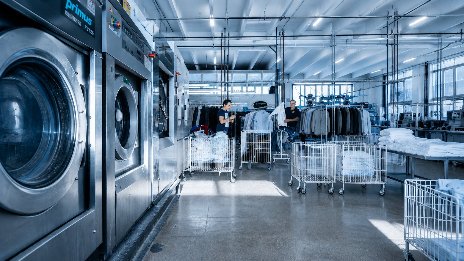 Interno del laboratorio industriale di Lavanderie F1 System, con macchinari e operatori al lavoro
